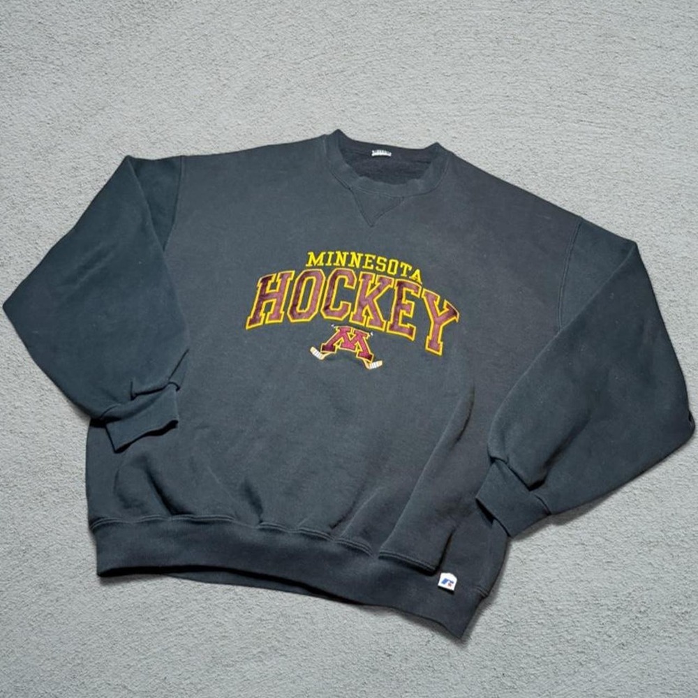 Vintage 90s Russell Athletic Minnesota Hockey Crewneck Sweatshirt Black Mens XL